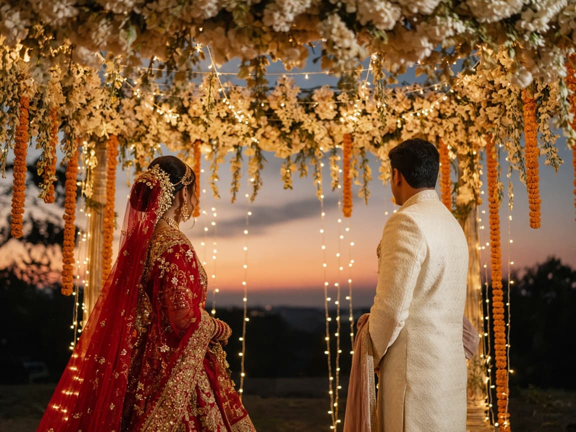 Couple under a floral mandap